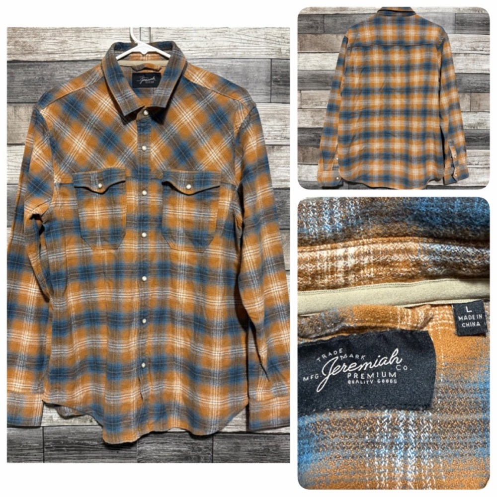 Jeremiah Flannel Pearl Snap Shirt Men’s L Plaid Brown Blue Western